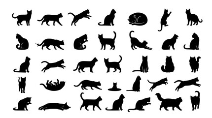 Domestic Cat Black Silhouette Collection with Realistic Feline Poses Vector Illustration Set © MdAsadul