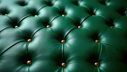 Fototapeta premium Close view of green tufted leather upholstery. Deep dimples and gold studs create a repeating geometric texture pattern. Luxurious material adds rich depth and tactile quality to surfaces.