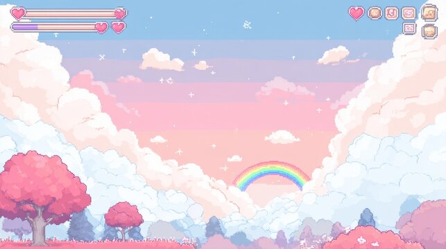 cute pixel art video game background design featuring pastel pink and blue clouds a colorful rainbow cherry blossom trees grass field and user interface elements like health bar hearts and icons