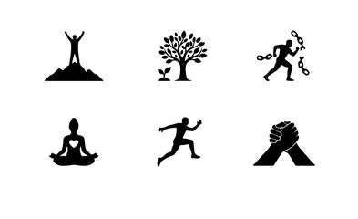 Obraz premium Success, Growth, Freedom Icons: Achievement, Yoga, Running, Partnership Vector Set