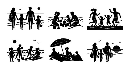 Obraz premium Family Beach Vacation Silhouettes, Summer Holiday Scenes, Children Playing, Parents Relaxing, Vector Set