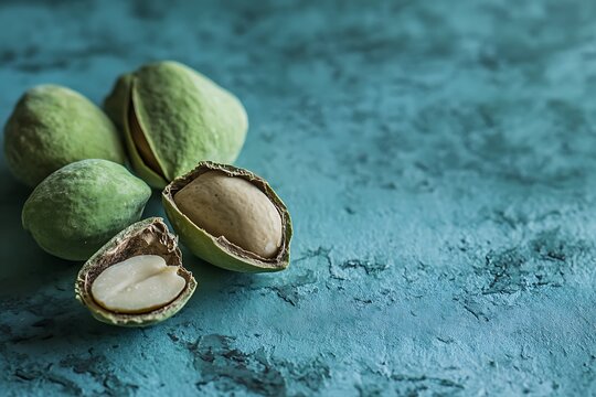 background almonds in cracked shell with textured green