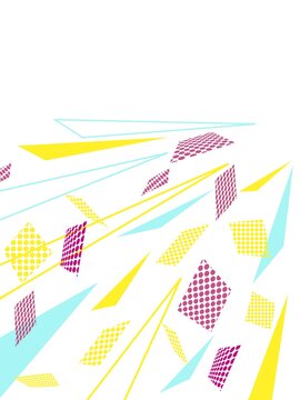 白バックに黄色や赤や水色で丸、三角、の幾何学模様で時空間を表現した背景素材イラスト