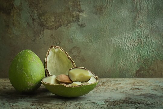 green almonds in cracked shell with textured background