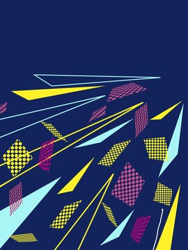 青バックに黄色や赤や水色で丸、三角、の幾何学模様で時空間を表現した背景素材イラスト