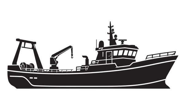 Trawler fishing boat silhouette, trawler vessel, ocean sea, vector isolated on white