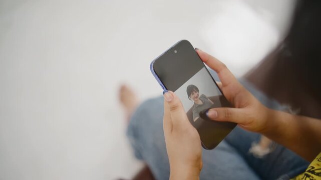 Young Women Checking her recent selfies on her smartphone , Closeup