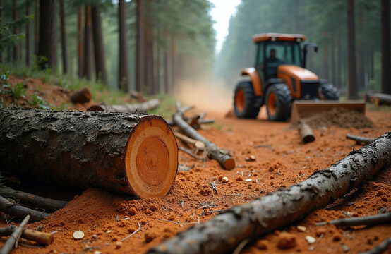 Forestry operation underway. Tractor clears felled trees amidst sawdust, earth. Logging work impacts woodland landscape. Timber industry activity shown in dense forest area. Environmental impact