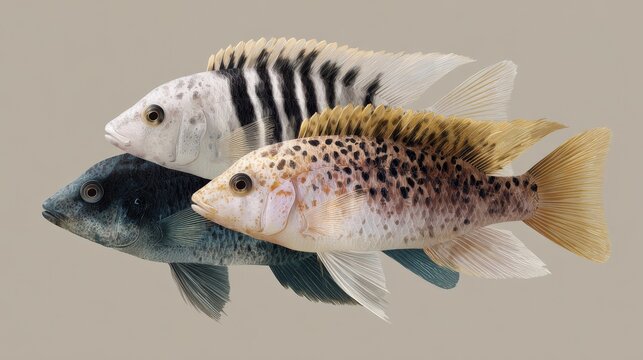 Minimalist vector illustration of three decorative fish, one with zebra stripes and two with leopard patterns, on a light neutral background, modern aquatic design