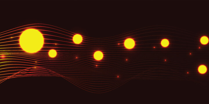 Abstract gold neon wave lines with glowing circles data nodes and copy space