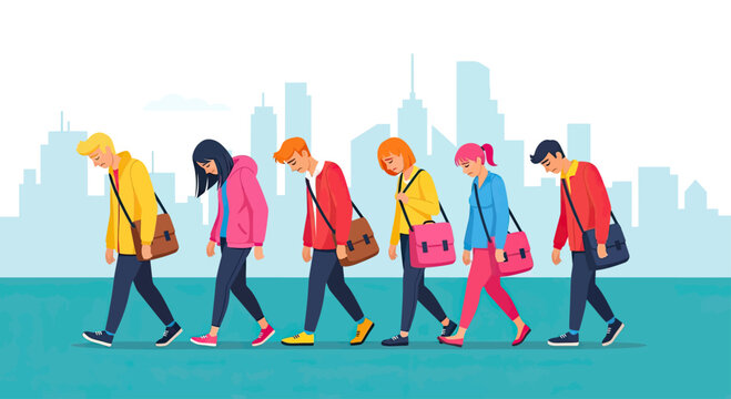 Exhausted young people walking in a line, showing burnout, fatigue, and stress in education or the modern workforce, city background.