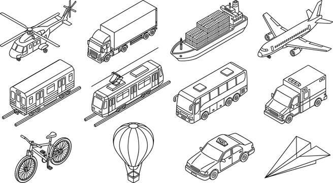 Vector isometric icon set featuring public city transport and travel symbols including helicopter semi truck container ship airplane train tram and taxi