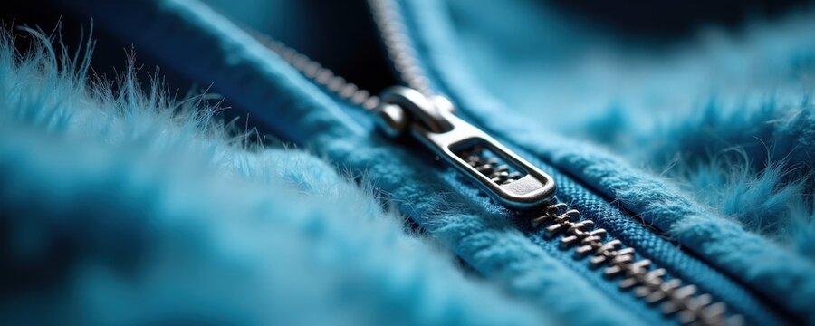 Close-up of a blue fuzzy fabric with a silver zipper. Macro detail shows smooth metal teeth and soft texture. Ideal for winter clothing and accessories like coats, jackets, or bags.