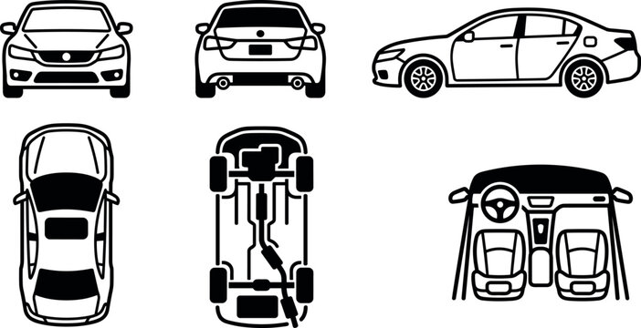 Vector linear icon set featuring sedan car blueprint graphics including front back side top view chassis diagram and dashboard interior seat layout