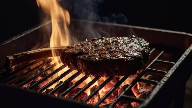 Juicy Tomahawk Steak Grilling with Flames and Smoke, Close-up Dynamic Outdoor Cooking Footage, Representing Culinary Excellence, Outdoor Dining
