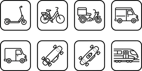 Vector linear square icon set featuring micro mobility and urban cargo transit symbols including electric scooter bicycle delivery moped van and skateboard © Khairul
