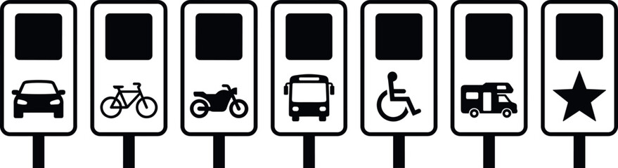 Vector solid icon set featuring vertical road traffic signs and transport destination indicators including car bicycle motorcycle bus and caravan symbols © Khairul