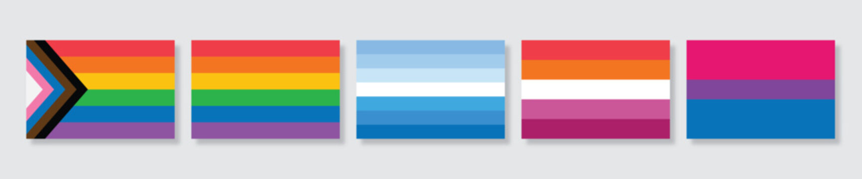 LGBTQ Pride flag vector collection. Progress pride, rainbow, lesbian, gay men's and bisexual flag vector set. LGBTQ+ sexual identity flag vector illustration.