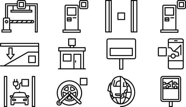 Vector linear icon set featuring automated toll road checkpoint and parking transit facilities including barrier gate ticket machine booth and tire clamp