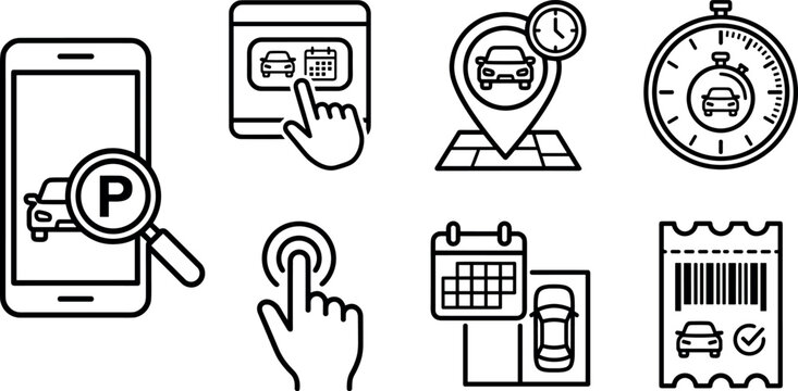 Vector linear icon set featuring mobile smart parking and booking symbols including smartphone app calendar schedule map pin location and stopwatch tracker