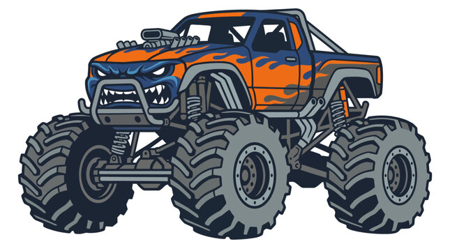 Monster truck with aggressive face and flame design