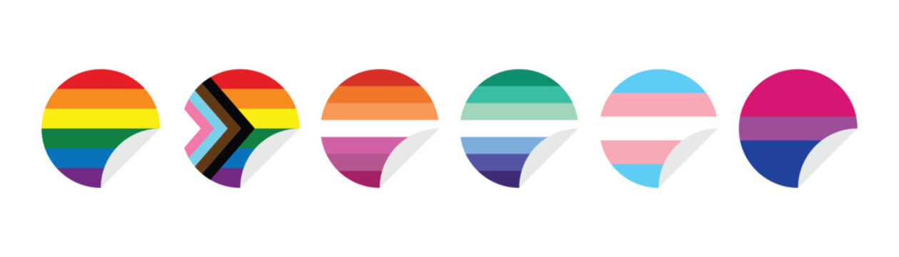 LGBTQ Pride flag circle lcons vector collection. Rainbow, progress and identity badge set. Lgbt identity badge symbol sticker with peel effect.