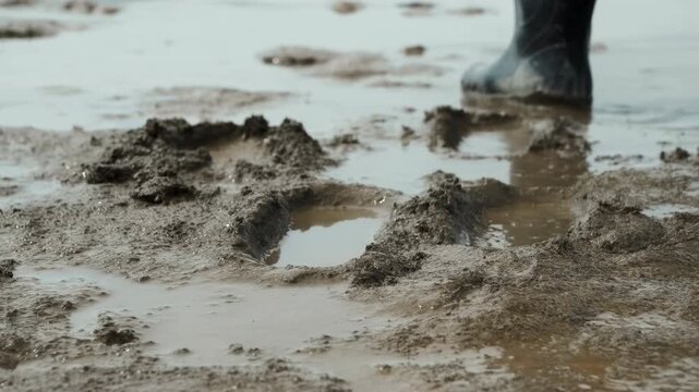 Low ground view of black rubber boots stepping through wet mud, pressing deep ridges, splashing puddles, and leaving rugged textured marks across soft rural soil