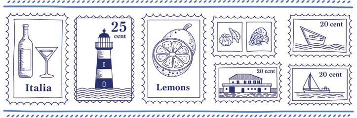 Obraz premium Summer Coastal Italy Stamp Frames with Amalfi Lemons, Seaside, Lighthouse, Boat, and Hand Drawn Mediterranean Travel Poster