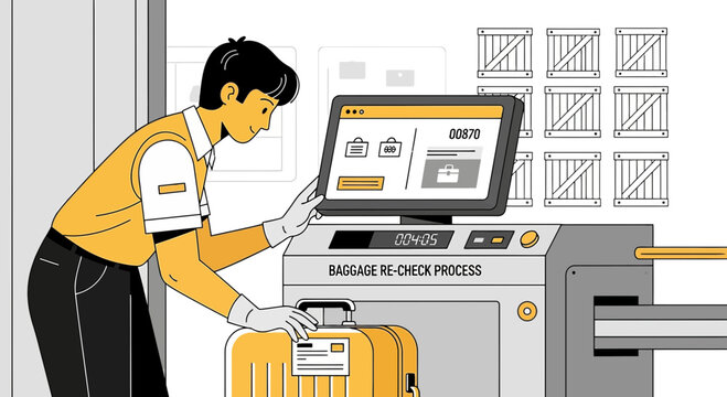 Airport baggage re-check process, security screening, luggage control
