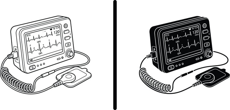 Medical patient heart monitor ecg machine vector icon set black and white