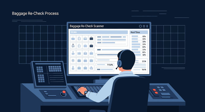 Airport baggage re-checking process control at desk with monitor and computer