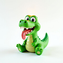 Fototapeta premium Green cartoon dinosaur toy sits with tongue out and wide eyes. Its body is smooth plastic. This funny reptile creature has a cheerful and playful expression, ready for fun and games.