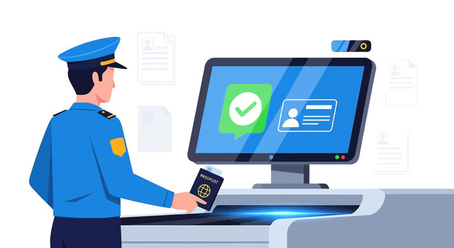 Border Control Officer Checks Passport at Customs Scanner - Illustration
