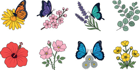 Spring botanical vector element set with colorful butterflies monarch swallowtail hibiscus lavender cherry blossom eucalyptus branch and wildflower illustrations © MdMehedi