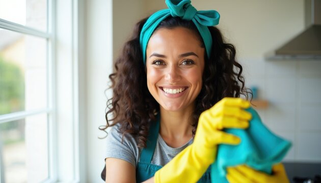 Smiling woman with curly hair wears headband yellow gloves cleaning window inside house. Housekeeper with rag does domestic chores with happy positive emotion.