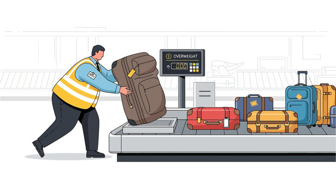 Airport worker weighs overweight luggage on conveyor belt with scale display
