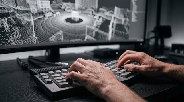 Realistic close-up of hands typing on a keyboard with a computer monitor displaying a 3D point cloud LiDAR scan, representing digital twin technology