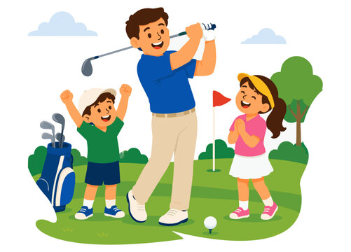 Father introducing children to golf during weekend family outing