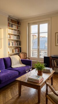 Petit salon parisien d'un appartement hausmannien avec vue sur les toits de Paris, canap&eacute; aubergine, parquet en bois, table, biblioth&egrave;que
