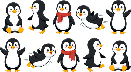 Obraz premium Cute Penguin Animal Character Vector Set Featuring Various Poses Sitting Sliding Waving and Wearing Red Scarf for Winter and Christmas Graphic Designs