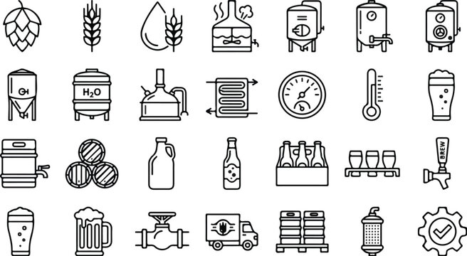 An illustration of various beer brewing icons and symbols arranged on a plain surface.