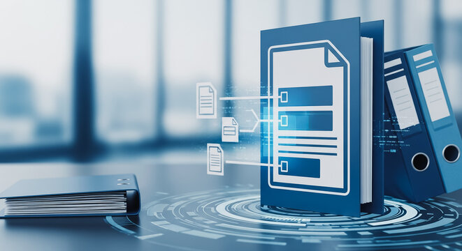 Blue digital file folders and ring binders in a blurred office representing efficient document management and data archiving