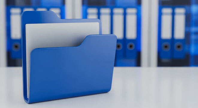 Blue plastic folder with white documents in an office setting representing organized data management and archiving
