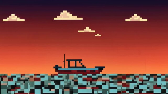Vibrant pixel art boat animation sailing on a blocky, stylized ocean under a glowing sunset sky with subtly moving clouds, a seamless loop representing nostalgic retro gaming, digital journey