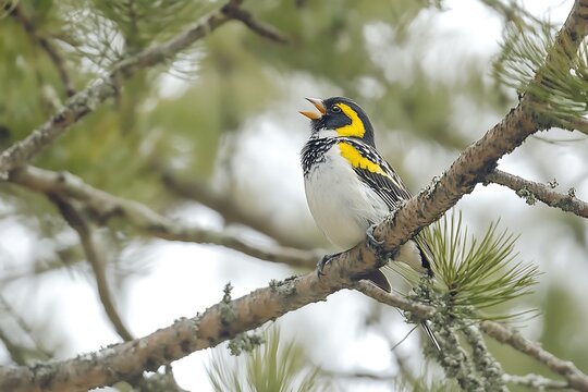 branch singing from high pine grosbeak