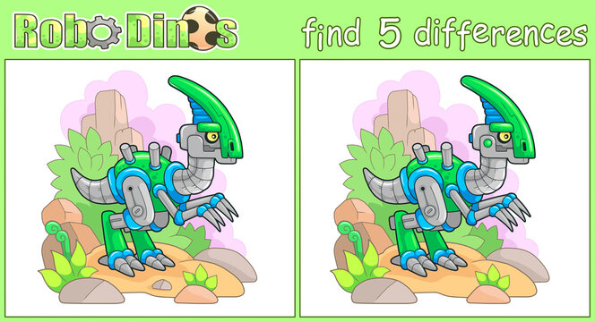 cute robot dinosaur, find five differences