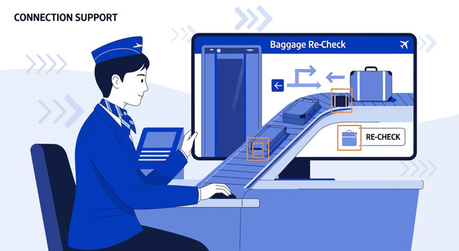 Airport worker helps with baggage re-check on computer screen