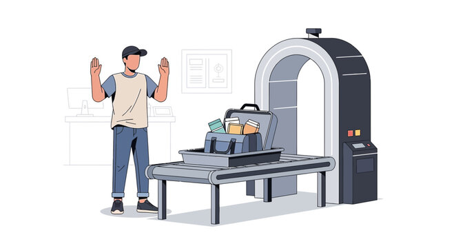 Airport Security Scanner: Person at X-ray machine with open suitcase.