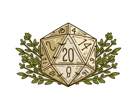 D20 dice with green leaves branches. Fantasy rpg tabletop game nature druid herbal element. D20 dice set