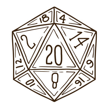 D20 dice outline, twenty sided polyhedral game dice sketch. Tabletop rpg board game gambling luck chance random number generator. D20 dice